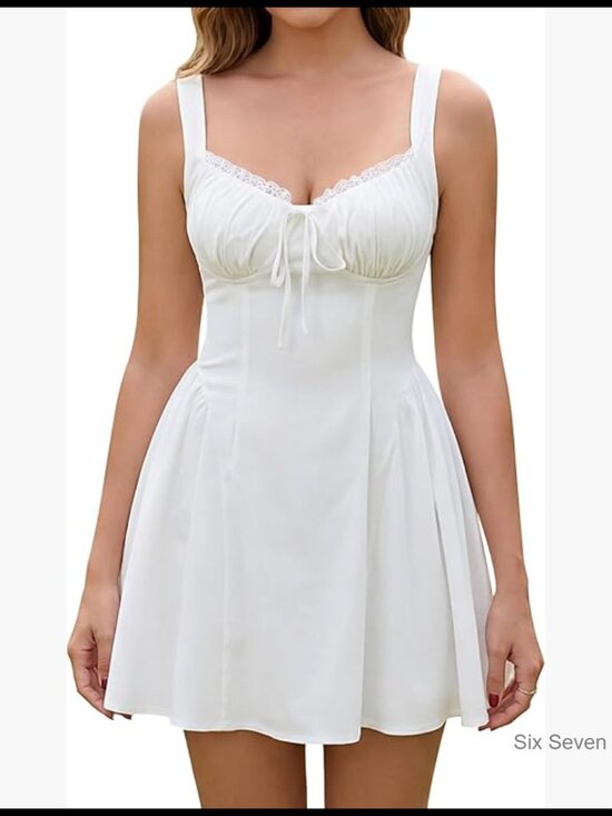 Dresses & Skirts - Lace Corset Mini Dress with Adjustable Straps and Ruched Bow Details